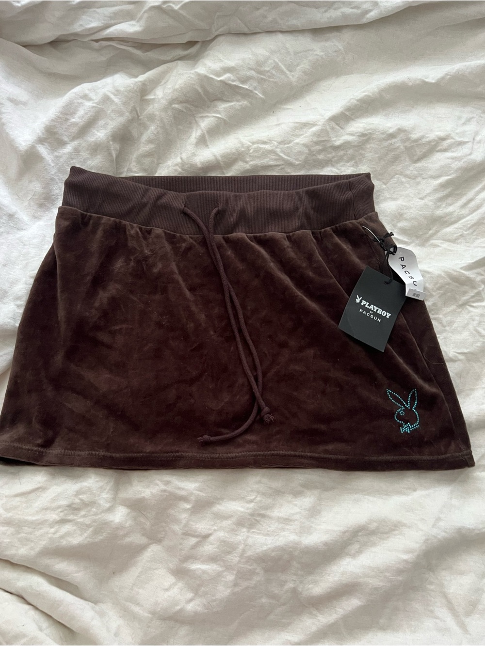 PLAYBOY Chocolate Brown Velour Drawstring Mini Skirt